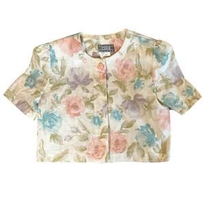 Vtg Cropped Button Down Top Blouse Womens Small Floral Pastel Pink Blue Purple